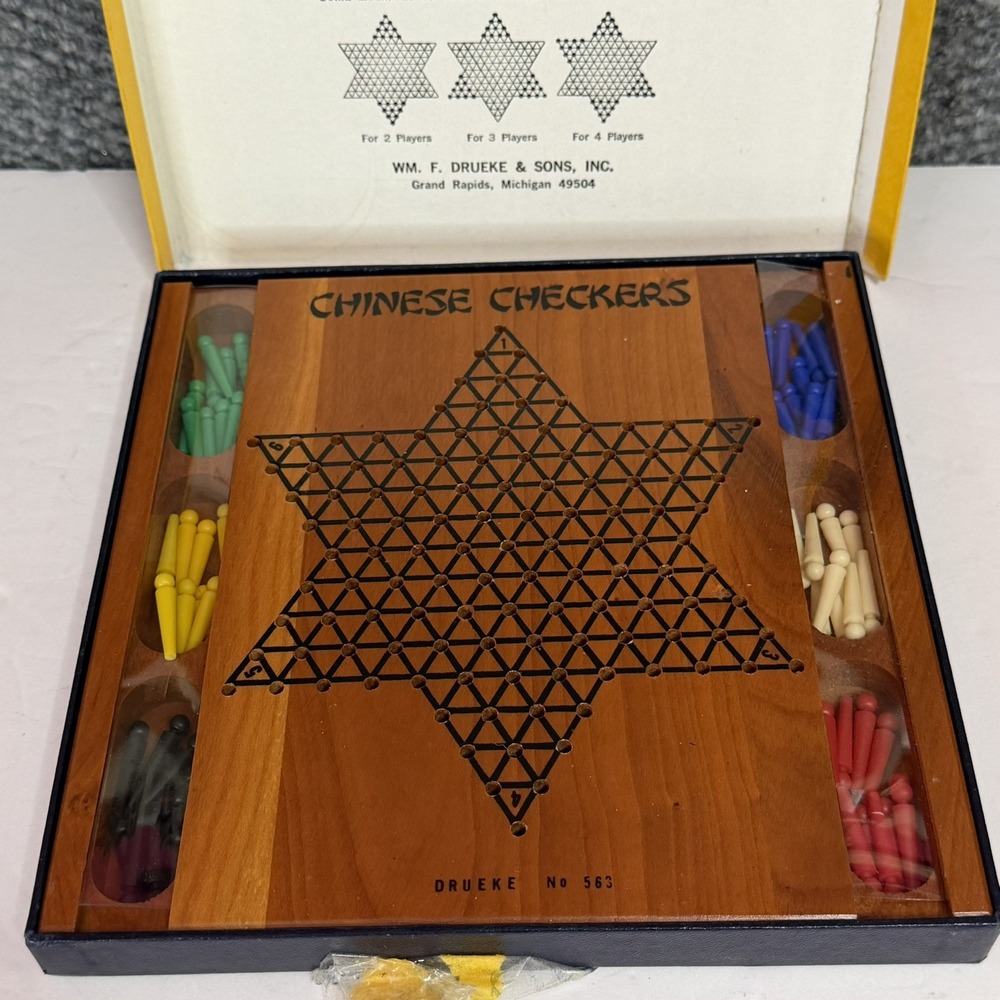 Drueke Vintage Chinese Checkers Wood Board with Plastic Pegs, No. 563